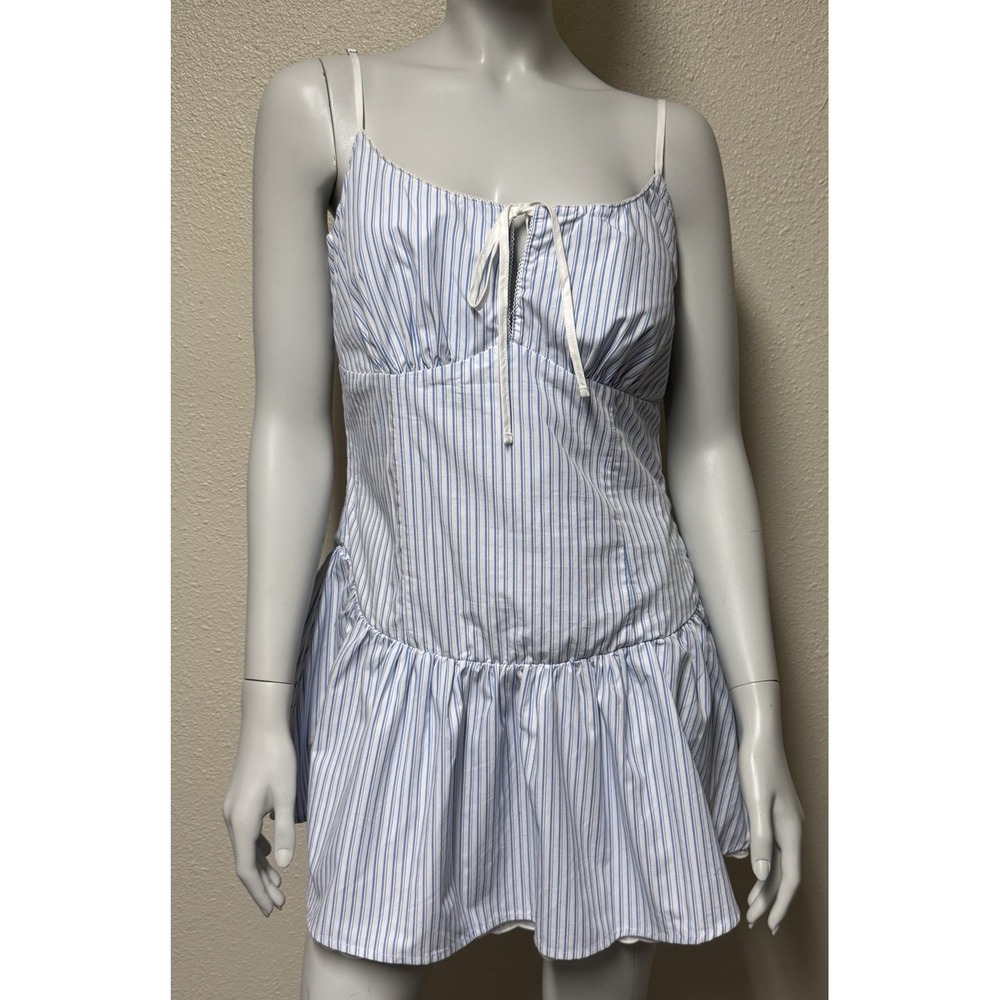 Womens Dress Mini Corset Milkmaid Style Size XL Stripes Nautical Slip Blue Bow - Picture 2 of 11